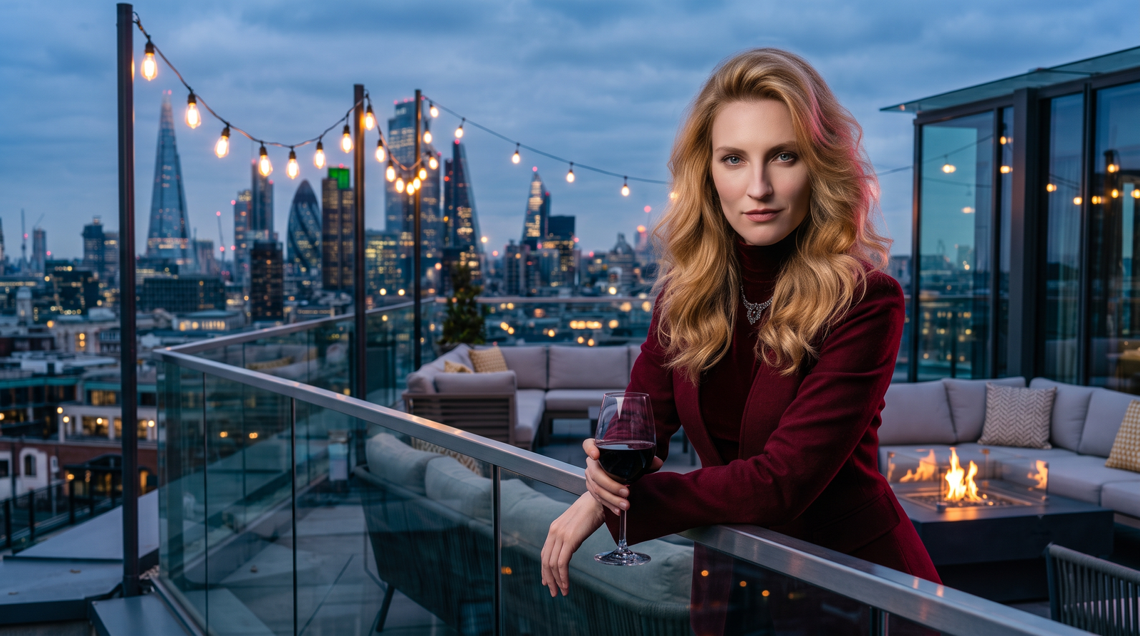 Anya Lidova on a London rooftop at dusk, a glass of red wine in hand, the city skyline behind her