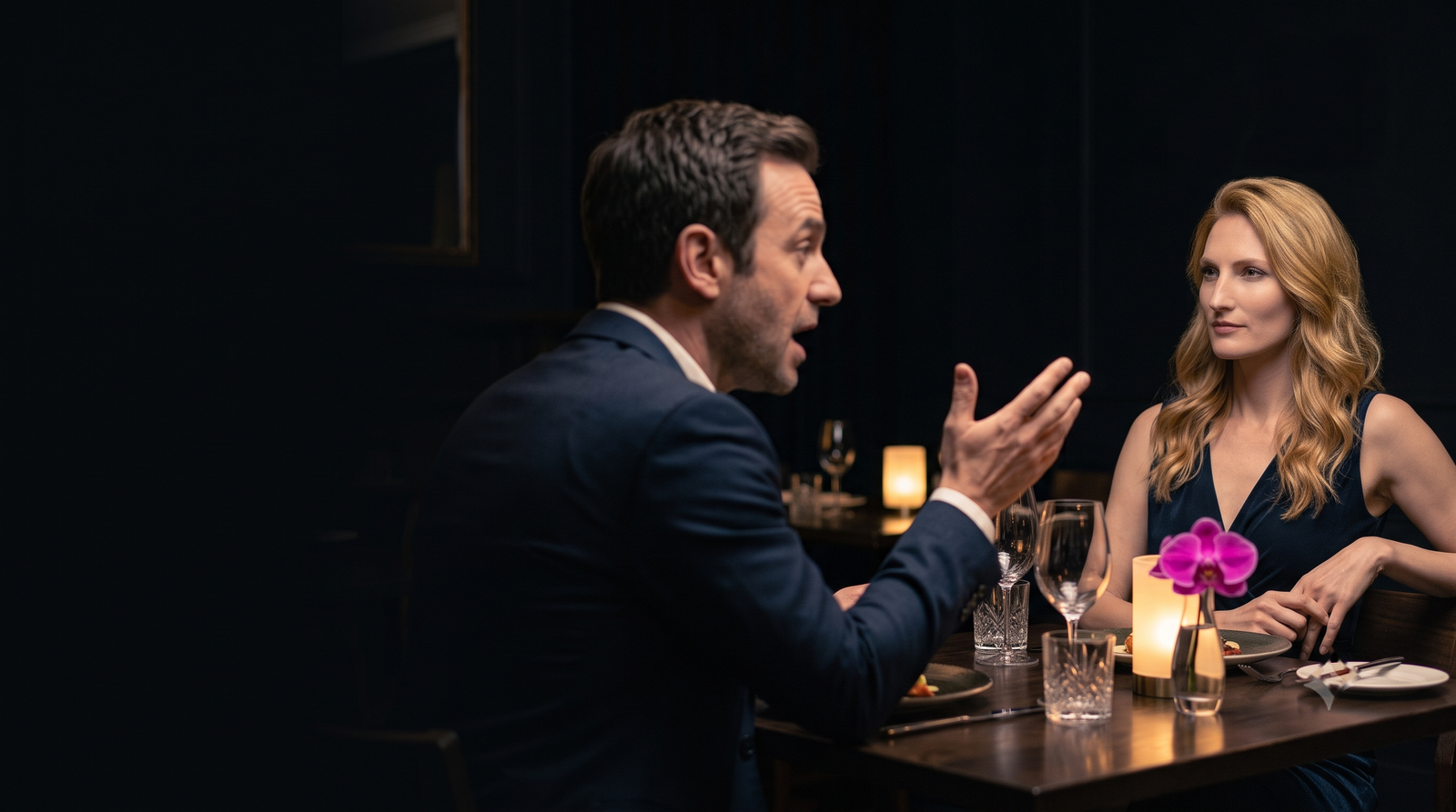 Anti-seducer traits — a self-absorbed man talking too much while a self-possessed woman quietly disengages