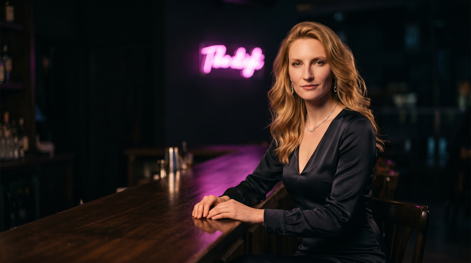 The art of seduction FAQ — a composed woman answering questions directly across a bar
